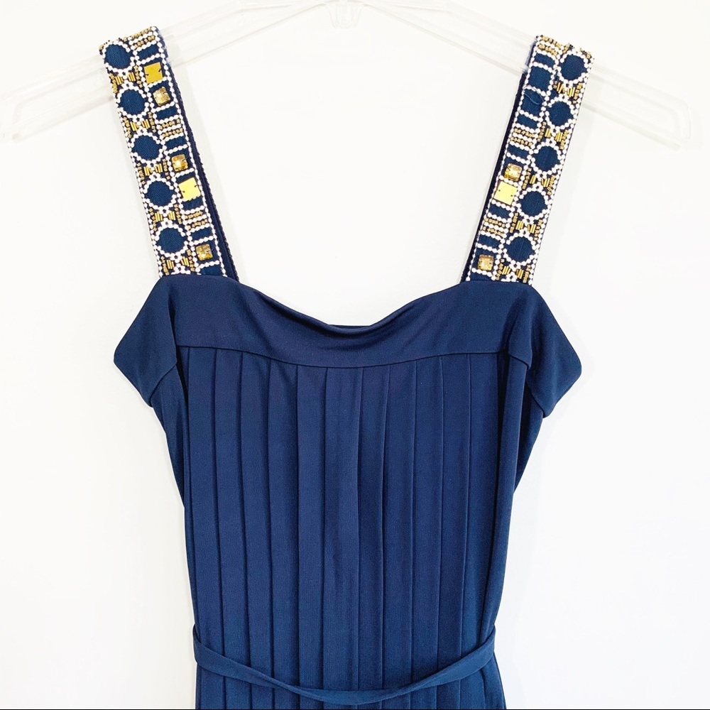 Tory Burch Navy Pleated Beaded Dress